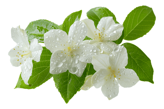 Branch of white flowers with lush green leaves, cut out - stock .. png