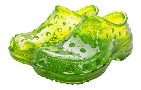 Green jelly sandals with water droplets, cut out - stock .. png