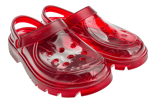 Red transparent clogs with textured details, cut out - stock .. png