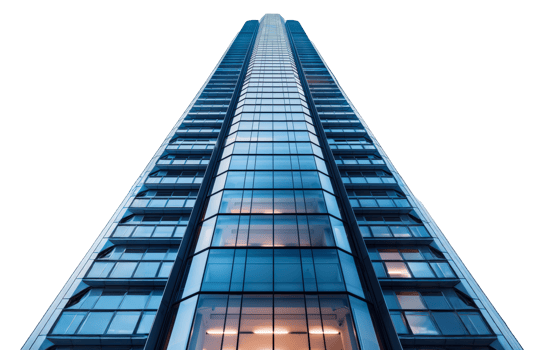 Modern blue glass skyscraper, cut out - stock . png
