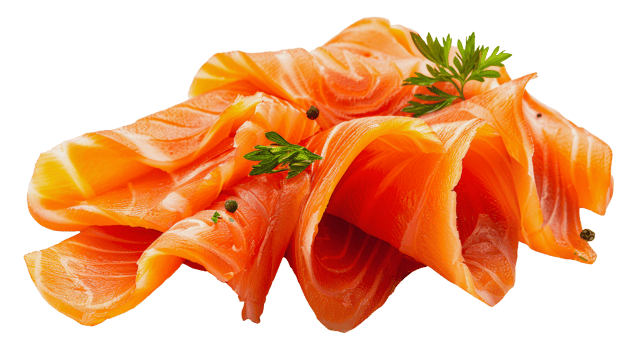 Fresh sliced salmon with dill garnish, cut out - stock . png
