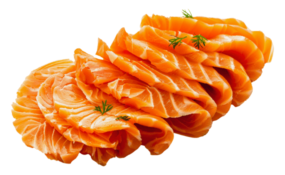 Fresh sliced salmon with dill garnish, cut out - stock . png