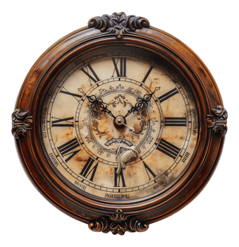 Antique round wooden wall clock, cut out - stock . png