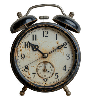 Antique black alarm clock with distressed finish, cut out - stock . png
