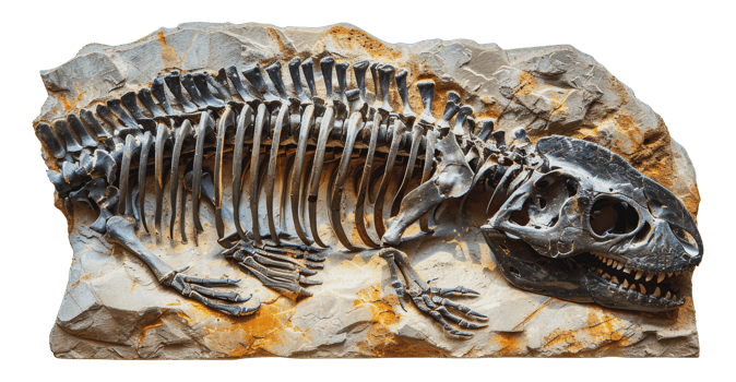 Iguanodon dinosaur fossil on rock, cut out - stock . png