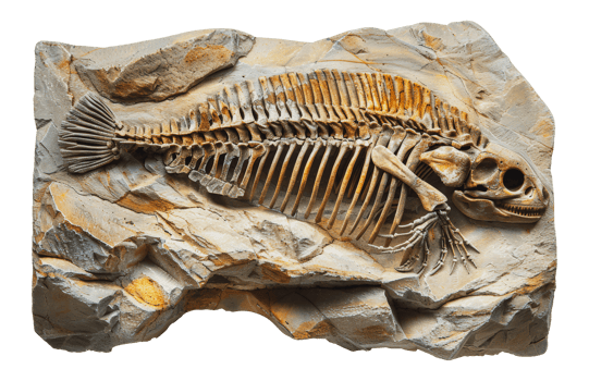 Detailed fish fossil on rock, cut out - stock . png