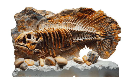 Detailed fish fossil on rock, cut out - stock . png