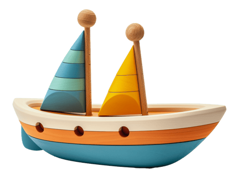 Wooden toy sailboat with colorful sails, cut out - stock . png