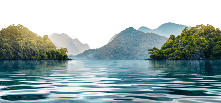 Tranquil tropical mountain lake with lush greenery, cut out - stock . png