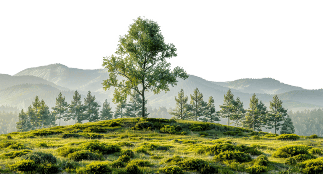 Panoramic view of meadow landscape with trees and hills, cut out - stock . png
