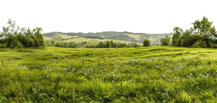 Panoramic view of meadow landscape with trees and hills, cut out - stock . png