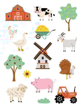 Vertical poster with farm animals. Pig, cow, mill, tractor, goose, chicken in flat style. Cute illustration. White isolated background. vector
