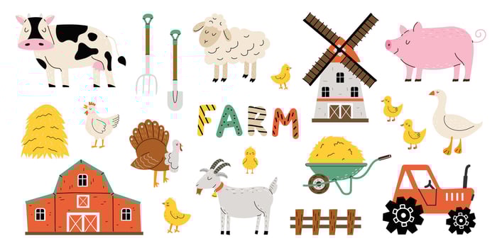 Set of cute farm animals and birds in a flat style. Cow, goat, lamb, goose, chicken, pig, tractor, hay and mill in hand drawn style. Objects for a poster, banner or postcard. vector