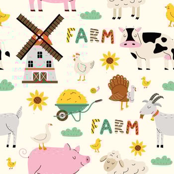 Seamless pattern with farm animals. Farm. Children's cute print. Cow, pig, goat, goose, goose. illustration in flat style. Design for print, fabric, textile, wallpaper, wrapping. vector