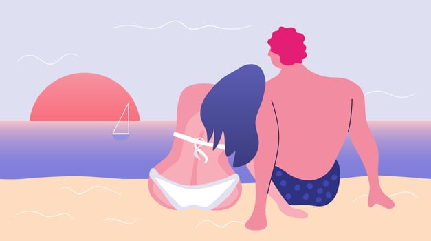 Romantic couple sitting at the beach and watching sunset. Man and woman in swimwear. vector