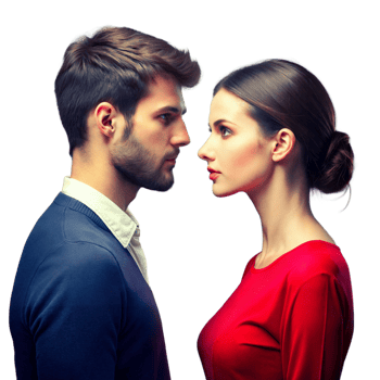 Intense Staredown Between Man and Woman in Contrasting Outfits png