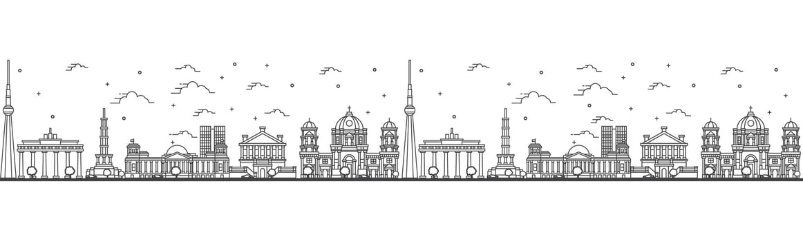 Seamless pattern with outline Berlin Germany City Skyline. Historical Buildings Isolated on White. Berlin Cityscape with Landmarks. vector
