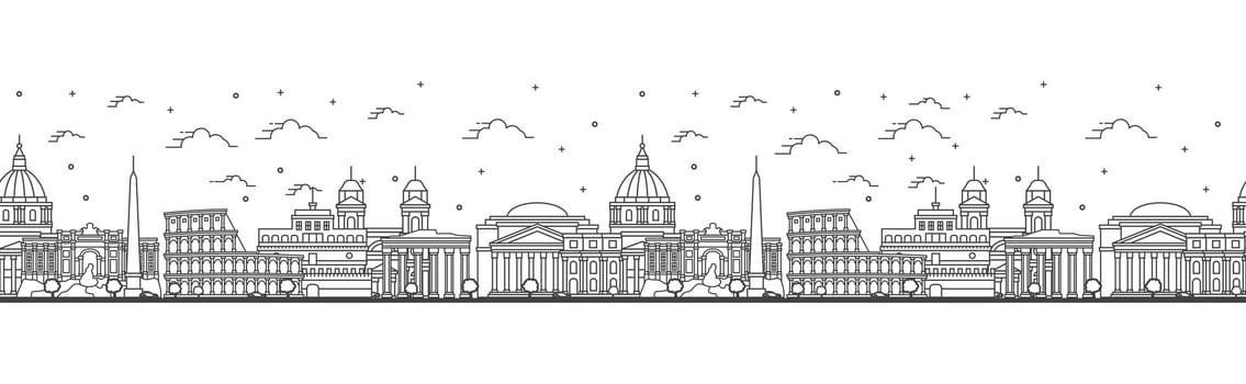 Seamless pattern with outline Rome Italy City Skyline. Historic Buildings Isolated on White. Rome Cityscape with Landmarks. vector