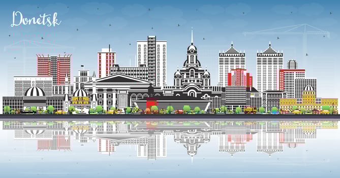 Donetsk city skyline with color buildings, blue sky and reflections. Donetsk cityscape with landmarks. Business travel and tourism concept with modern and historic architecture. vector