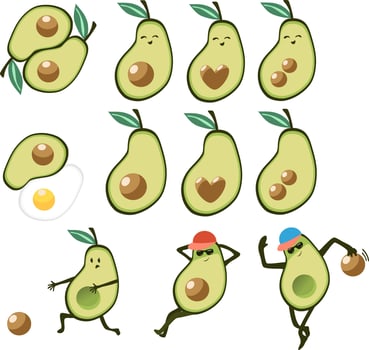 illustration avocado in cap playing bowling with its own bone and football. An avocado with a leaf has a heart instead of a seed. Culinary ying yang with fried scrambled eggs and avocado. vector