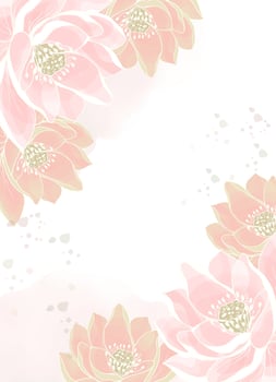 Oriental style pink background with delicate lotus flowers and watercolor splashes. Template of delicate watercolor background for designs. vector