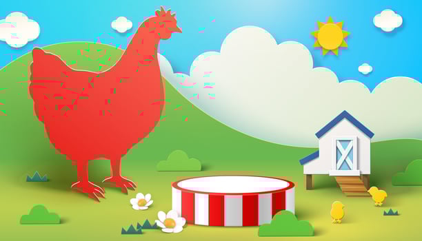 Farm theme background with chicken silhouette and product display podium, 3d illustration vector