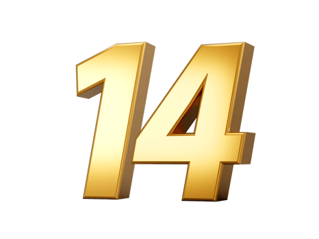 Golden metallic Number 14 Fourteen, 3d illustration png