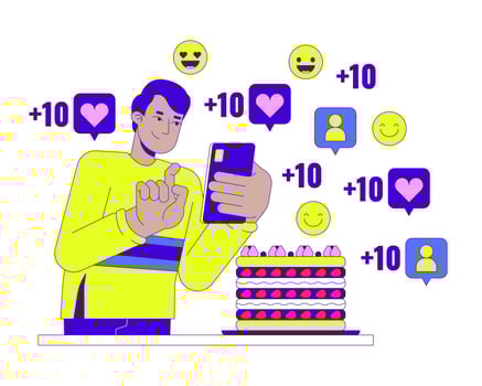 Food influencer man 2D linear illustration concept. Indian male taking picture of cake on phone cartoon character isolated on white. Social media viral metaphor abstract flat outline graphic vector