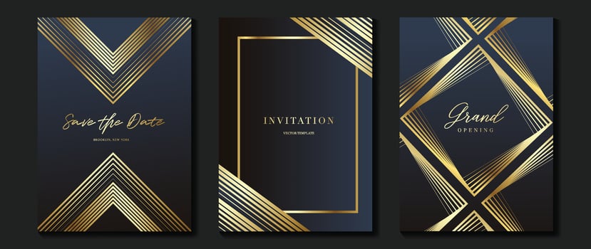 Luxury invitation card background . Golden elegant geometric shape, gold lines gradient on dark blue background. Premium design illustration for gala, grand opening, party invitation, wedding. vector