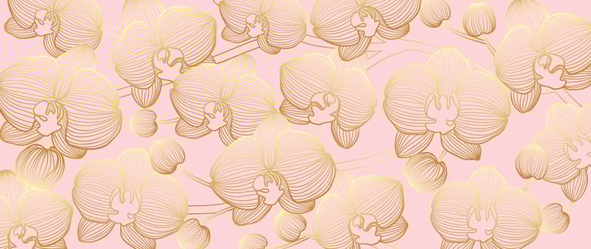 Luxury golden orchid flower line art background . Natural botanical elegant flower on pink background. Design illustration for decoration, wall decor, wallpaper, cover, banner, poster, card. vector