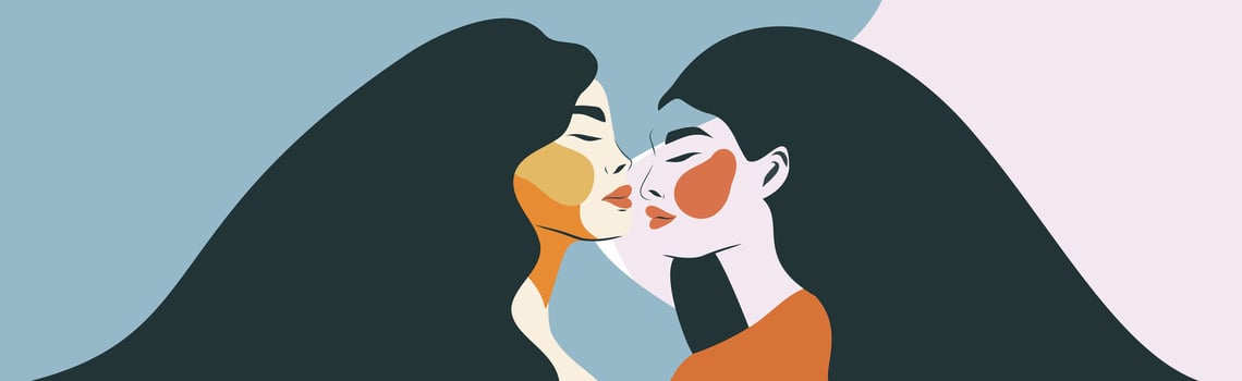 illustration, flat banner with place for text in gentle pastel colors women in profile looking at each other. Women's rights, women's power, Rainbow month, LGBT, women's love vector