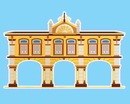 Detailed illustration of a vibrant yellow historic building with arched windows and columns against a bright blue background. vector