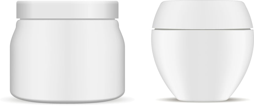 Set of White Cosmetic Jar. 3d Realistic Container Mockup. Plastic Bottle, Isolated on White. Round Package for Skin Creme, Salt, Lotion, Gel. Face Care Butter. Blank Template with Lid. vector