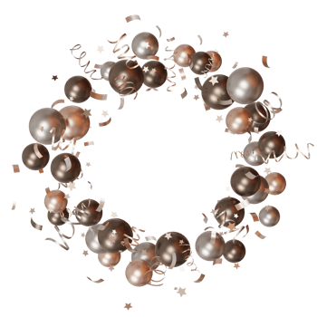 Brown, beige balloons with confetti, stars perfect for glamorous celebrations, New Years events, chic party backdrops. Circle with balloons, on transparent background. Copy space in the middle. 3D. png