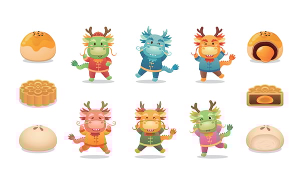 A set of illustration materials for Mid-Autumn Festival, dragon mascot and traditional Chinese food, pastry desserts vector