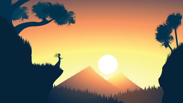 Beautiful Cartoon fantasy Landscape with sunset or sunrise with a shaman or magical woman praying vector