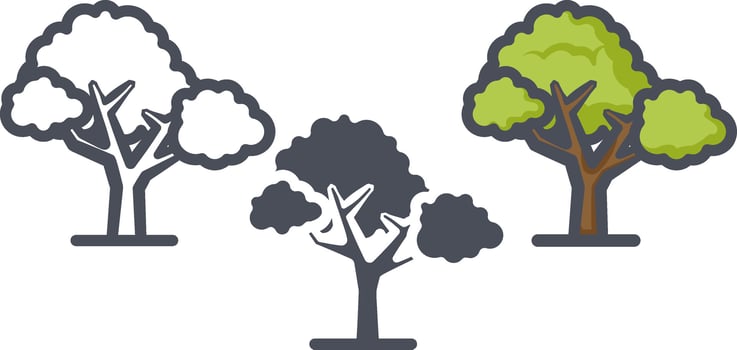 Flat forest trees icons, garden or park landscape elements. vector