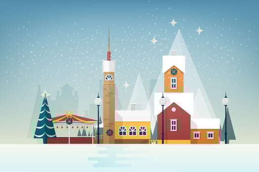 Snowy landscape with small mountain town. City street with beautiful antique towers and houses decorated for New Year or Christmas celebration. Colorful festive illustration in flat style. vector