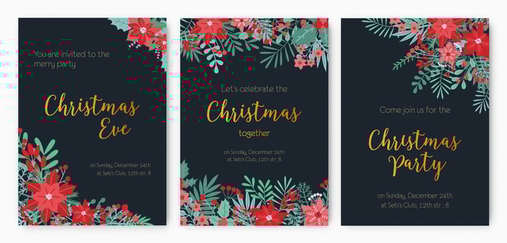 Bundle of Christmas Eve Party invitation, festive event announcement or promotional flyer templates decorated with red and green leaves, berries and flowers on black background. illustration. vector