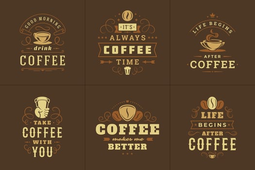 Coffee quotes vintage typographic style inspirational phrases illustrations set. vector