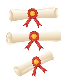 Rolled up graduation diploma scroll with red ribbon and seal, in different positions. Template of paper scroll with seal, certificate of education, antique letter on parchment, ancient manuscript. vector