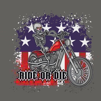 skeleton on the motorbike and flag of USA, grunge.vintage design t-shirts vector