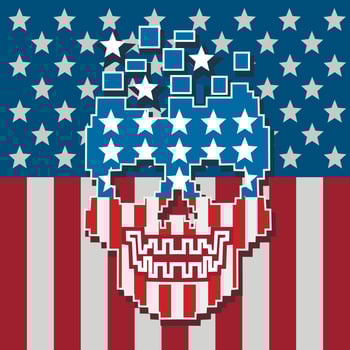 pixel skull with american flag, grunge.vintage design t-shirts vector