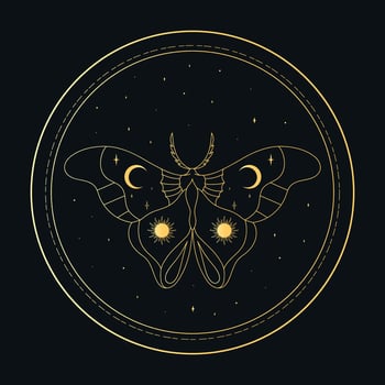 Celestial emblem with a golden butterfly in a circle. illustration vector