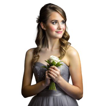 Woman In Gray Dress Holds White Rose Bouquet png