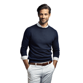 Smiling Man Wearing a Navy Blue Sweater and White Pants png