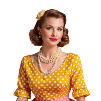 Woman in Yellow Polka Dot Dress and Pearl Necklace Posing for Photo Shoot png