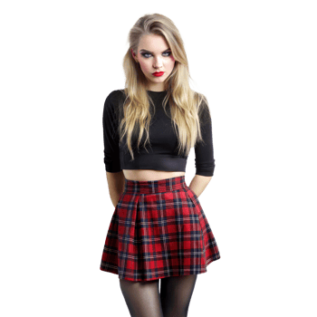 Young Woman in Black Crop Top and Red Plaid Skirt Standing Posing png
