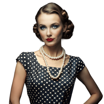 Woman in Black Polka Dot Dress With Pearl Necklace and Red Lipstick, Retro Fashion Portrait png