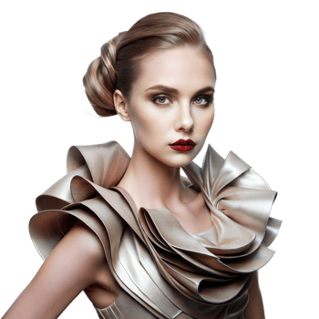 Woman With Blonde Hair and Intricate Ruffled Collar in a Fashion Studio Portrait png